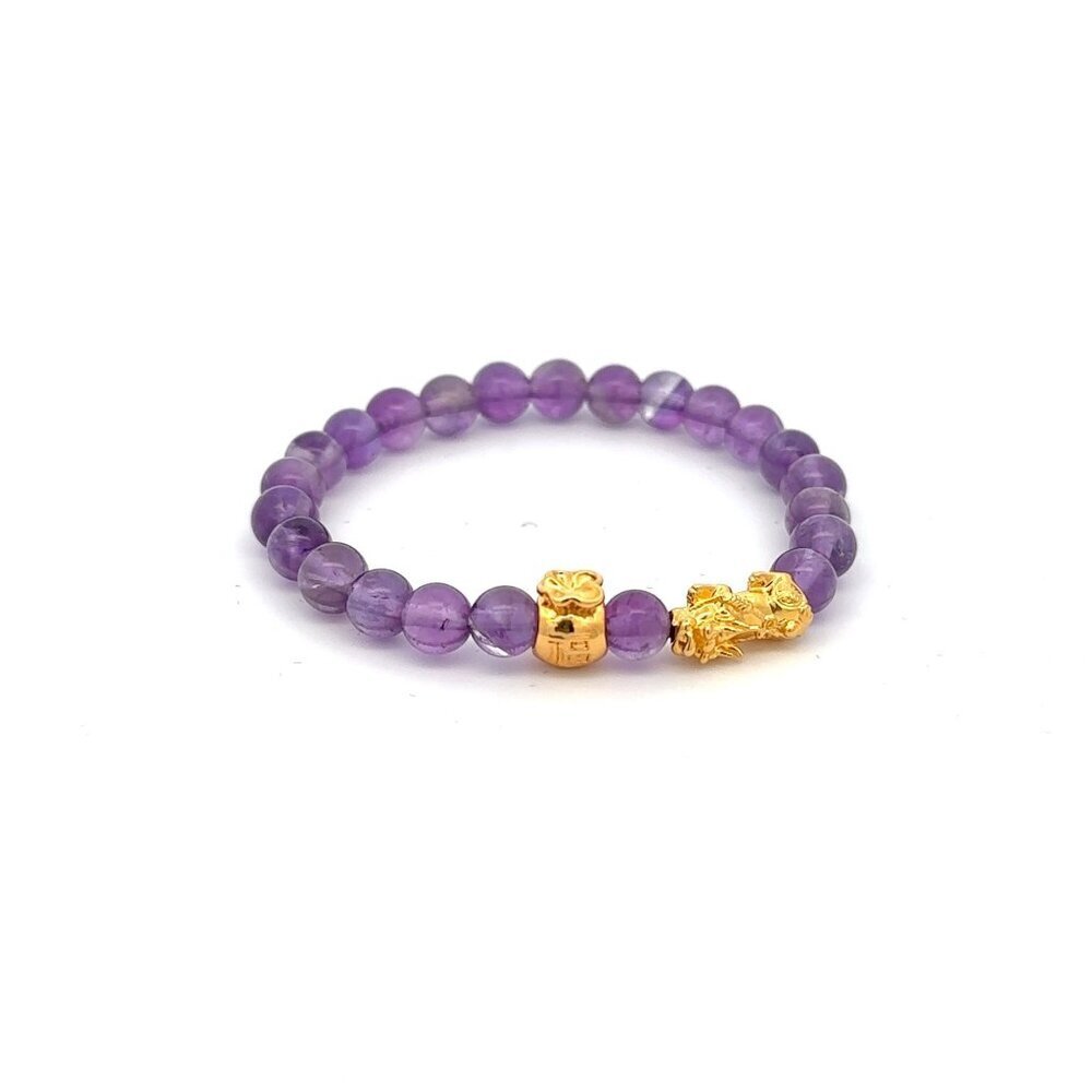 18K Gold Dragon Pixiu Piyao Money Bag Lucky Charm Bracelet Gemstone Amethyst 6mm